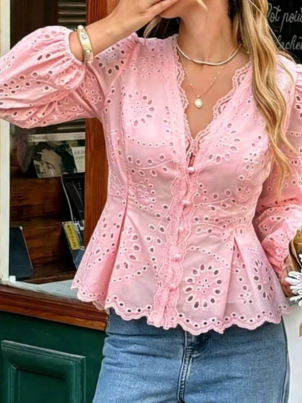Pink Casual Women's Embroidered Blouse with Lace Trim, Ruched Waist, Cuff Sleeve